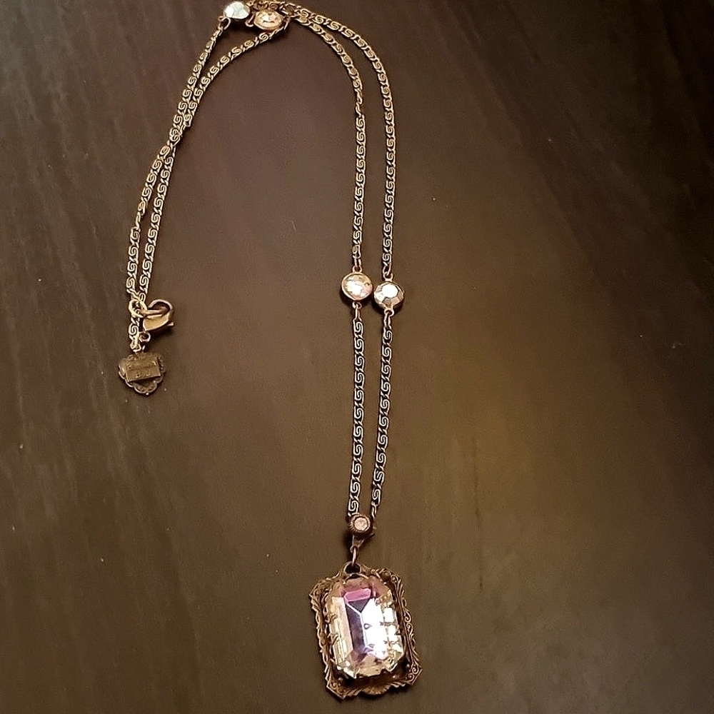Banana Bob Vintage Square purple blue Crystal with brass setting necklace